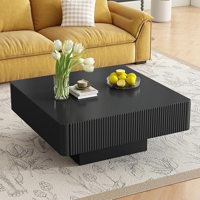 Merax Modern 31.6" W Square Coffee Table with Sturdy Base, Wood Center Tables for Living Room Reception Room, Easy Assemble, Black