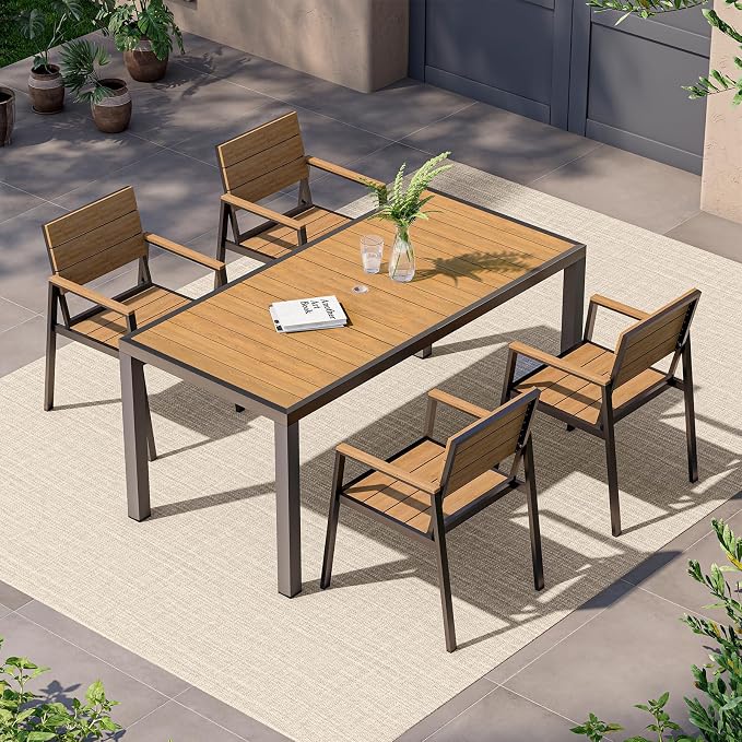 Vexwalx 5-Piece Outdoor Dining Set, Aluminum Dining Table Set for 4, Patio Table and Chairs Set with Umbrella Hole, All Weather HDPS Outdoor Table and Chairs for 4 (Gray-Teak) by Vexwalx