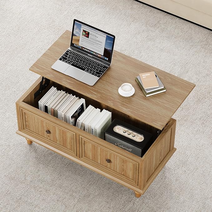 39" Lift Top Coffee Table, Wood Center Table with Storage, Retro Coffee Tables Rectangular Dining Table for Living Room Home Office Small Space (Natural)