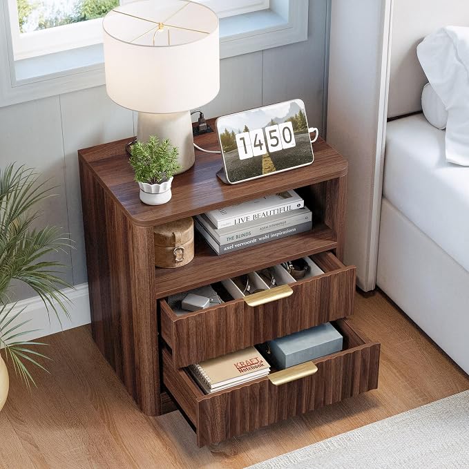 IRONCK Fluted Night Stand Set of 2, Modern Nightstand with Charging Station, Drawers and Open Shelves - Bedside Table Wood Side Table Set for Bedroom (Walnut) - Image 2