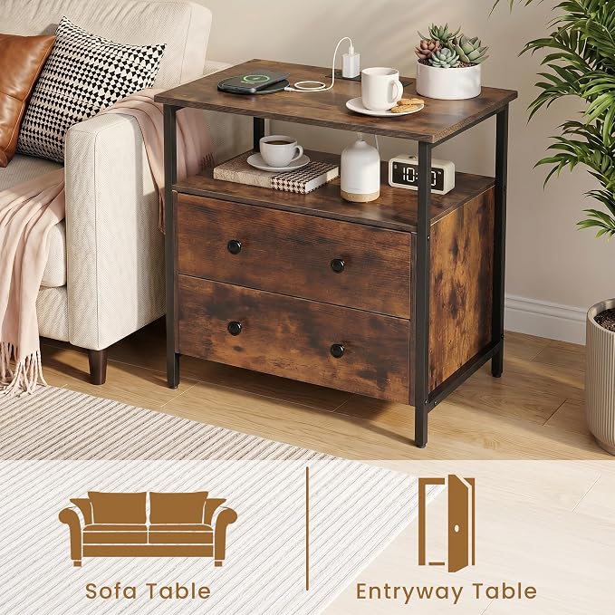 Edbuosy 27 inch Wide Night Stand Set 2 with Charging Station, Bedside Table with Open Shelf, 2 Drawers Small Wood Dresser, Modern Wood Nightstand for Bedroom/Living Room (Retro Brown) - Image 6