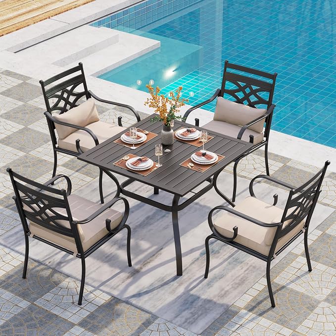 PHI VILLA 5 Pieces Outdoor Dining Set for 4, 37" Square Black Metal Table with Umbrella Hole & Wrought Iron Chairs, All Weather Large Outside Furniture with Cushions & Pillows for Patio, Deck, Porch by PHIVILLA