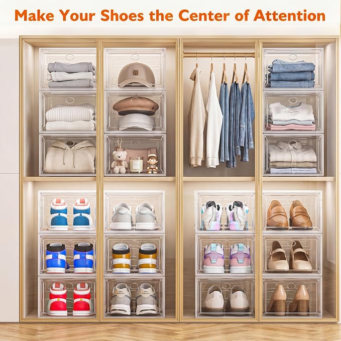 Thickened Clear Shoe Storage Organizer with Magnetic Door, Sturdy Stackable Shoe Boxes for Closet, Collapsible Space-Saving Shoe Rack for Sneakers & Boots, Plastic Shoe Cabinet Box Set, 6 Pack, White - Image 7