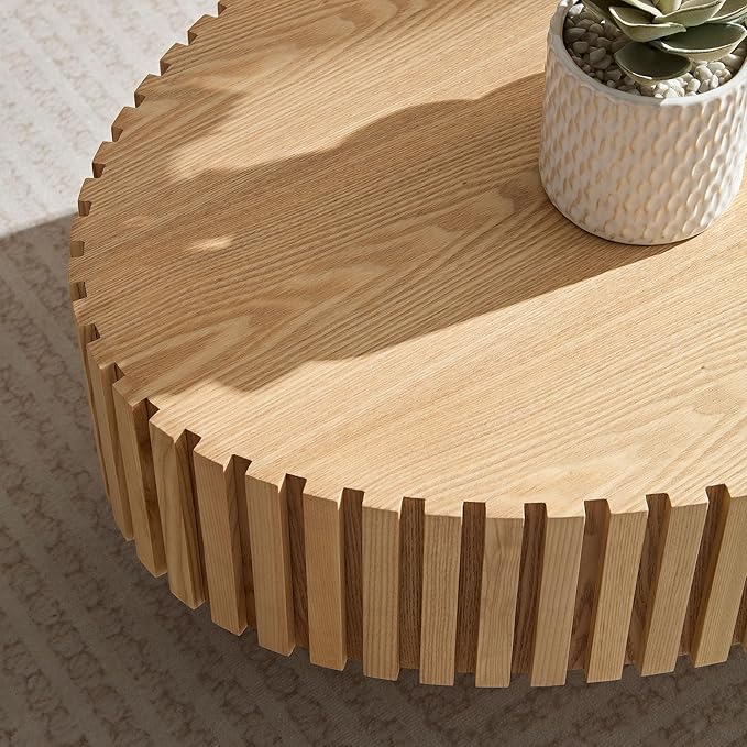 Oval Coffee Table for Living Room Unique Wood Coffee Table Fluted Pedestal Table Modern Handcrafted Centre Table, Easy Assembly 43.7", Oak