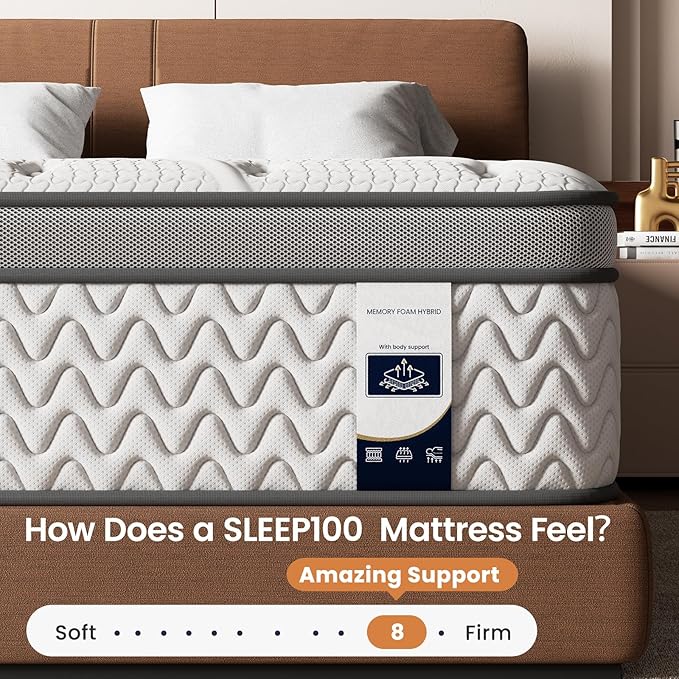 SLEEP100 8 Inch Twin Mattress, Foam & Bonnell Springs Hybrid Mattresses, Fiberglass Free - No Odor - 365 Night Trial