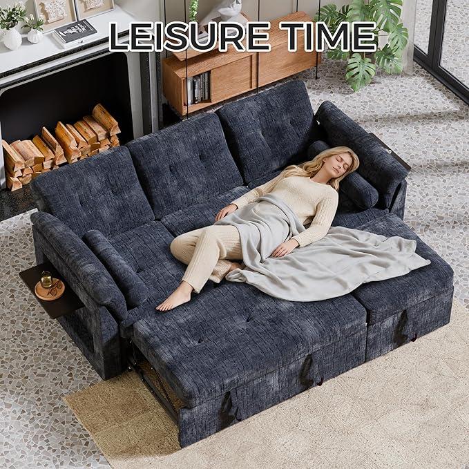 3 in 1 Convertible Sofa Bed, Chenille Pull Out Couch with Side Table, 3 Seat Pull Out Sofa Bed with Level Adjustable Backrest, Comfy Sleeper Sofas for Living Room, Apartment, Blue