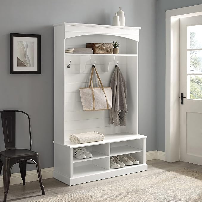 Crosley Furniture Bartlett Hall Tree with Shoe Rack Bench and Coat Hooks for Hanging, White - Image 5