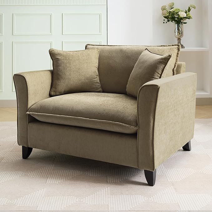 46.3 Inch Oversized Armchair Chenille Fabric Chair and a Half Single Sofa with Pillow Removable Washable Covers Rubberwood Legs Ruffled Armrests for Living Room Bedroom Office Apartment, Green