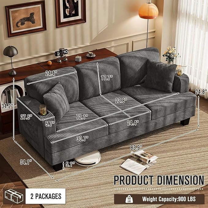Homall Couches for Living Room, 83" Couch with Soft Deep Seats, Modern Sofa 3 Seater in Corduroy for Apartment, Bedroom (Charcoal Gray)