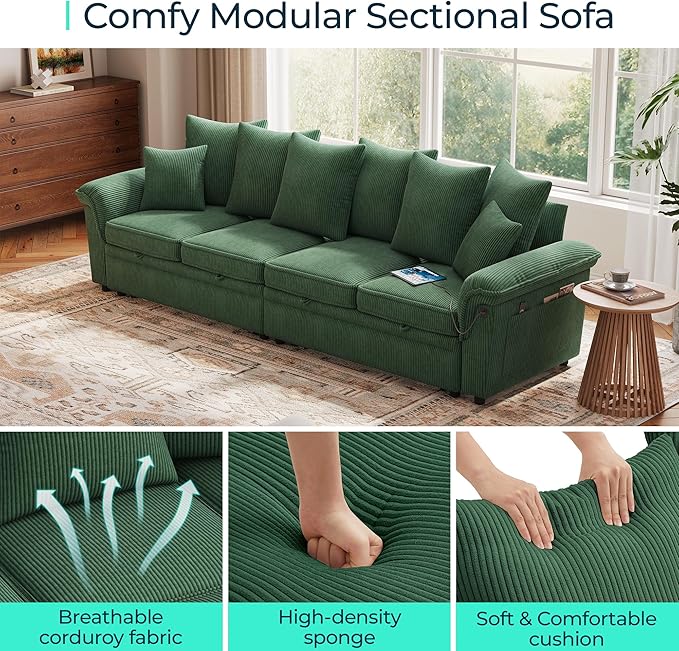 LINSY HOME Oversized Sectional Sleeper Sofa with Pull Out Couch Bed (Green, 110.5'') | USB Charging, Pillow-style Armrest, Multiple Cushions, Modular Sofa, Corduroy Fabric