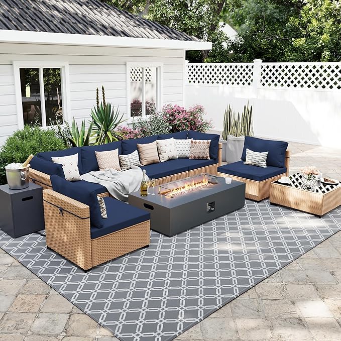 UPHA 9 Pieces Patio Furniture Sets, Wicker Outdoor Sectional Sofa Couch with Rectangle Propane Pit for Deck Backyard Garden, Beige Rattan, Navy Blue Cushion