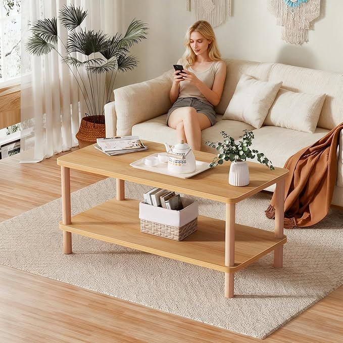 2 Tier Coffee Table Low Table with Solid Wood Legs, Japanese Coffee Table for living Room, Side Table Sofa Table, Floor Table Desk for Sitting on The Floor, Storage Shelf Furniture for Office, Natural
