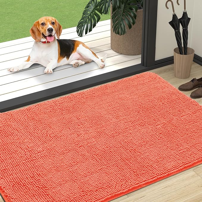 OLANLY Dog Door Mat for Muddy Paws 47x32, Absorbs Moisture and Dirt, Absorbent Non-Slip Washable Doormat, Quick Dry Chenille Mud Mat for Dogs, Entry Indoor Entryway Carpet for Inside Floor, Coral by OLANLY