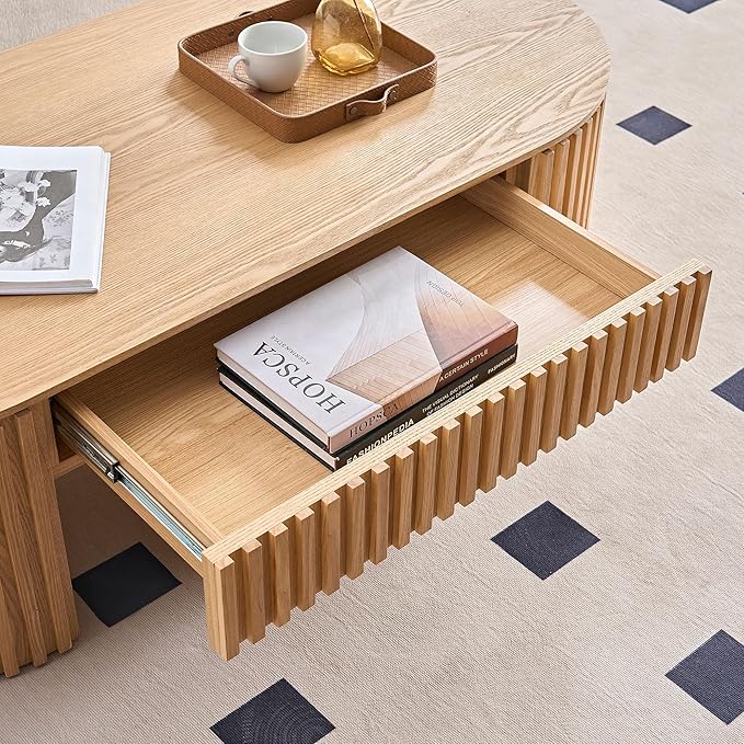 Oak Oval Coffee Table with Storage for Living Room 51.18" Wooden Fluted Coffee Table with Drawer Modern Handcrafted Centre Table Easy Assembly