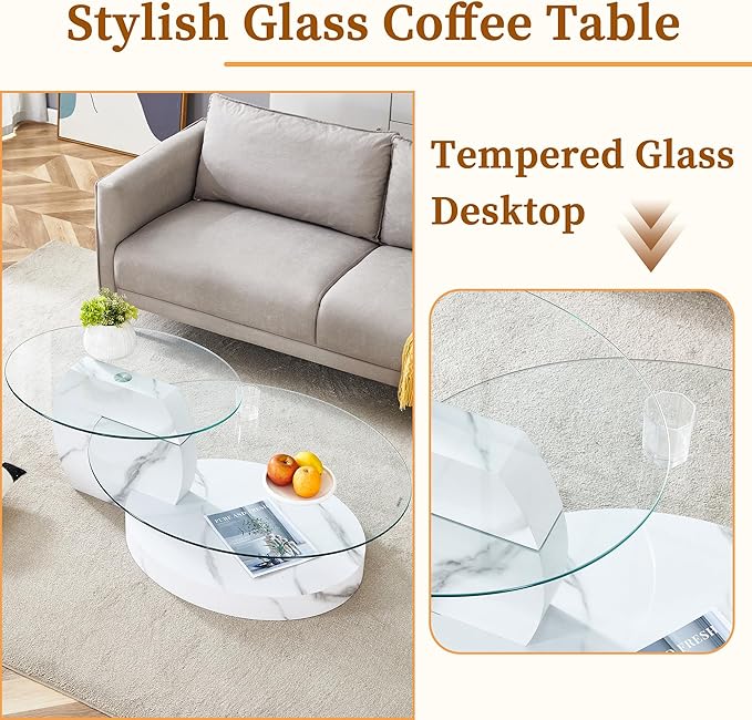 Ebullient Glass Coffee Table, 42" Oval Coffee Table, 2-Tier Glass Tabletop with White Faux Marble Pattern Base, Easy to Maintain and Assemble, Ideal for Dining Room, Living Room