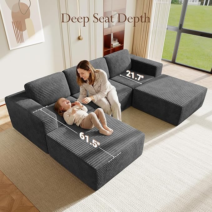 Vesgantti 119" Oversized U-Shaped Modular Sectional Sofa, Corduroy Cloud Couch with Deep Seating & Spring Support, Convertible Sofa with 2 Ottomans, Boneless Couch, No Assembly Required, Grey