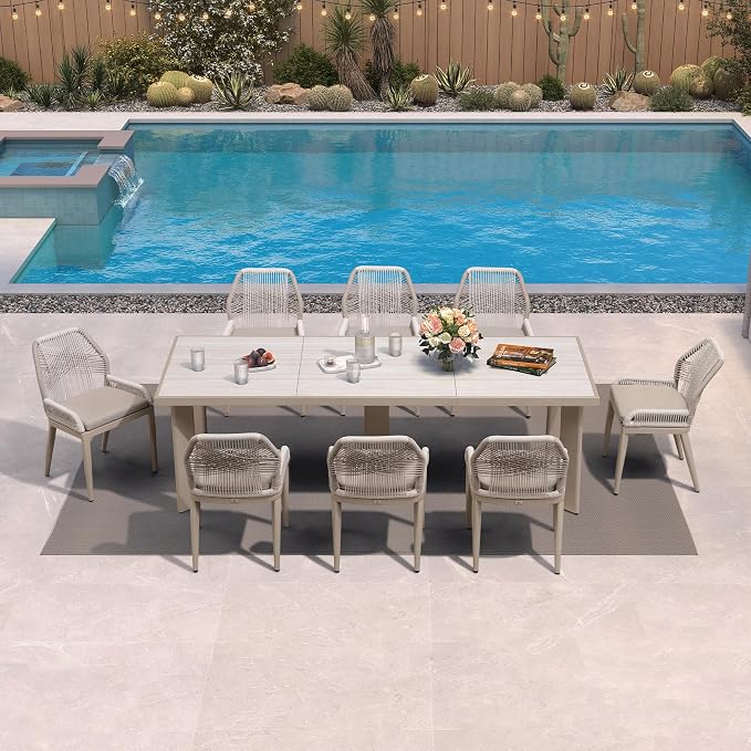 PURPLE LEAF 9 Pieces Patio Dining Set Aluminum Modern Rectangular Table and Wicker Chairs with Cushions for Kitchen Porch Garden Outdoor Furniture Sets, Champagne by PURPLELEAF