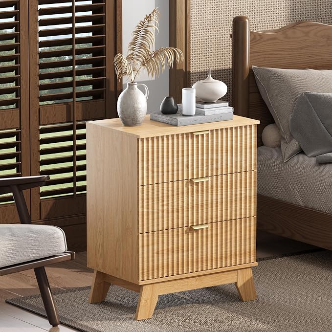 Wodeer Natural Oak Night Stand with 3 Drawers, Bedside Table & End Table, 24" Wide Mid Century Modern Fluted Wood Nightstand with Metal Handles, Farmhouse Night Stands for Bedroom by WODEER