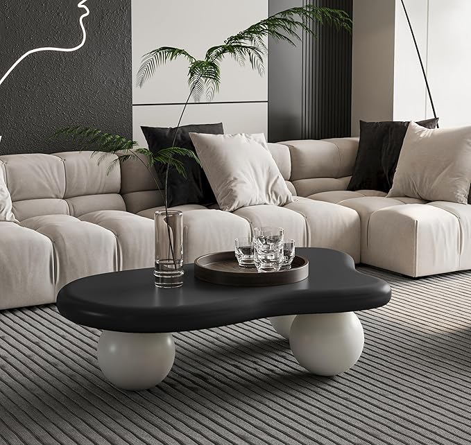 40” Cloud Coffee Table with 3 Ball Legs, Modern Irregular Center Table for Living Room, Low Cute Small MDF Tea Table for Bedroom, Space Apartment-Black White