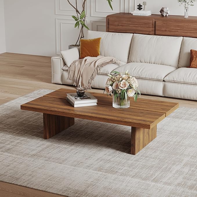 Modern Rectangle Coffee Table, Wood Living Room Table, Walnut Brown Japanese Tea Table for Home Office Apartment, 47.24"