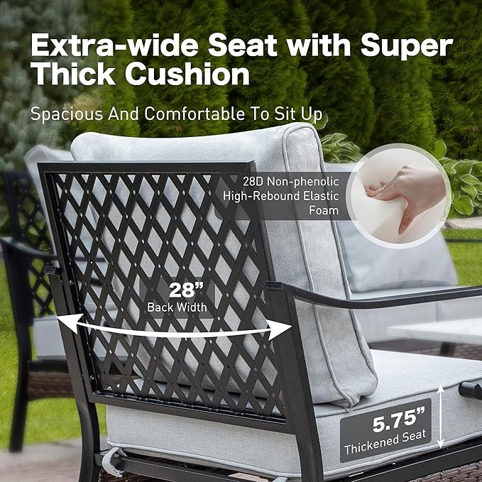 5 Piece Metal Outdoor Patio Furniture Set, Patio Conversation Sets 1 3-Seater Sofa, 2-Seater Sofa, 2 Swivel Sofa with 5.75" Cushion & Coffee Table Black Backyard Furniture, Light Gray