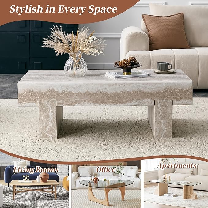 Modern Marble Coffee Table for Living Room Stone Travertine Rectangle Coffee Tables Mid Century Center Table with Storage