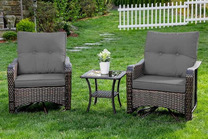 Gotland Outdoor Swivel Chairs Set of 2, 3 Pieces Patio Furniture Set with Thick Cushion, Wicker Rocking Patio Chairs Set of 2, Patio Bistro Set with Double-Layer Coffee Table for Balcony Porch Gray - Image 9