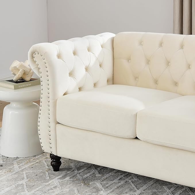 KEIKI Chesterfield Sofa, Retro Style Upholstered 2 Seater Velvet Couch with Rolled Arm for Living Room Bedroom Office Apartment, Beige