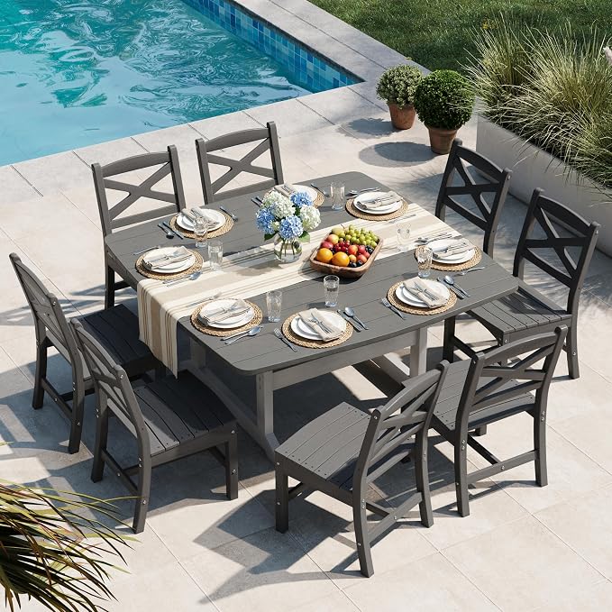 Patio Dining Table Set for 8, HDPE Outdoor Dining Set, All-Weather Outdoor Rectangular Tables and 8 Chairs, Durable Patio Furniture Set with Chairs,White Grey - Image 4