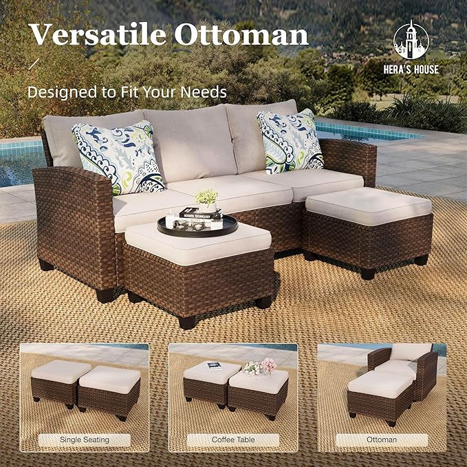 HERA'S HOUSE Wicker Patio Furniture Set, Outdoor Furniture with Fire Pit Table, 6 Pieces Patio Conversation Set with Ottomans, Outside Sofa Sets for Poolside Backyard, Beige