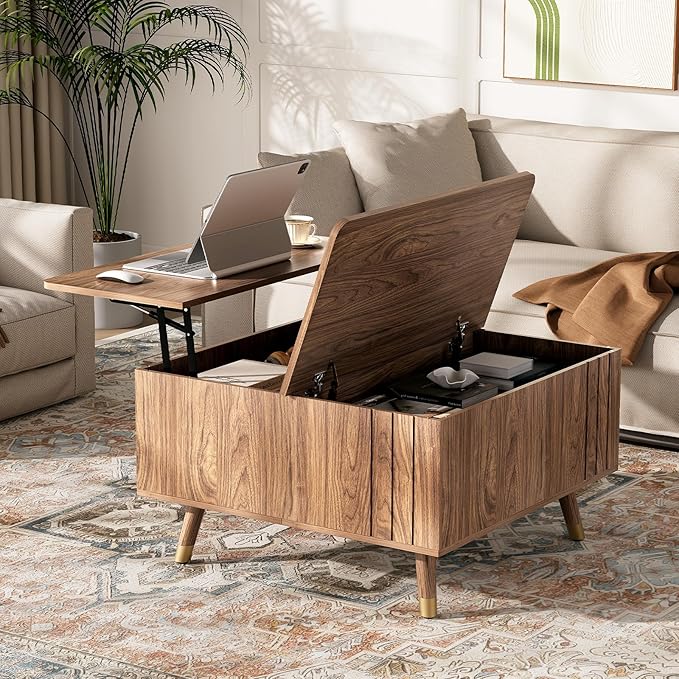 Square Coffee Table with Lift-Top & Flip-Top Storage, 36" Functional Modern Accent Center Table with Solid Wood Legs, Rustic Walnut Coffee Tables for Living Room Small Space or Office