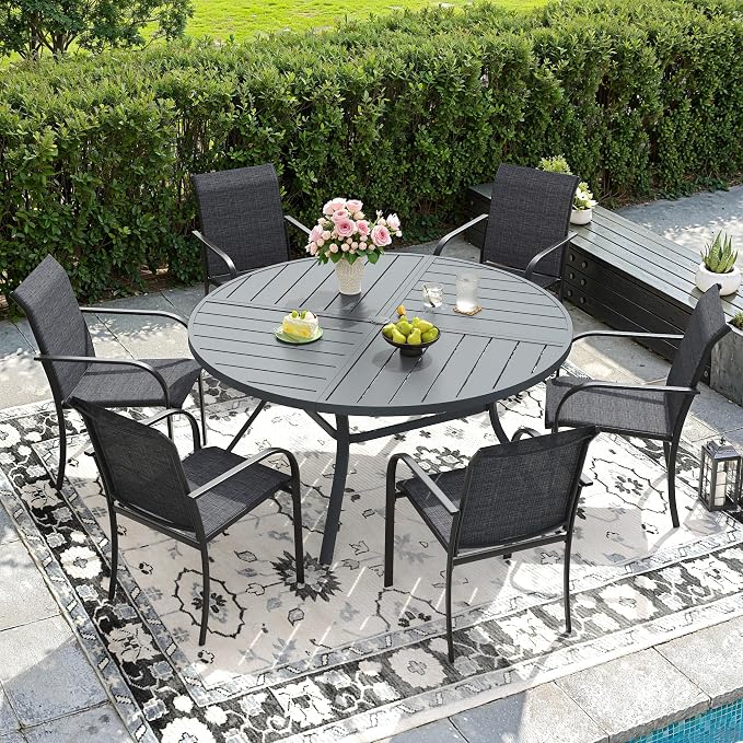 DIFY 7 Pieces Outdoor Patio Dining Set for 6, 50" Round Metal Dining Table and 6 Stackable Textilene Patio Chairs, Outdoor Table and Chairs for Backyard Garden Poolside, Grey by DIFY