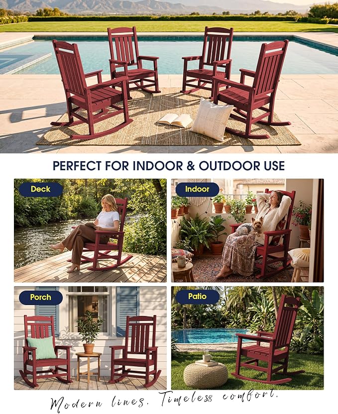KINGYES Oversized Outdoor Rocking Chair Set of 2, HDPE Patio Rocking Chairs with 330lbs Support for Adults, Dark Red - Image 9