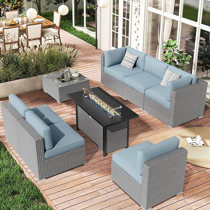 SUNCROWN Outdoor Patio Furniture Set 7 Piece Outdoor Sectional Sofa Grey Wicker Conversation Sofa Set with Coffee Table, Cushions and Fire Pit Table (Light Blue)