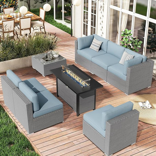 SUNCROWN Outdoor Patio Furniture Set 7 Piece Outdoor Sectional Sofa Grey Wicker Conversation Sofa Set with Coffee Table, Cushions and Fire Pit Table (Light Blue)