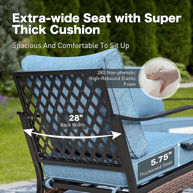 6 Piece Metal Outdoor Patio Furniture Set, Patio Conversation Set with Swivel Chair and 5.75" Thick Cushion & Coffee Tabl, Outdoor Seating Black Frame Backyard Furniture, Denim Blue