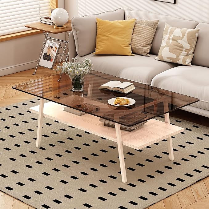 IANIYA Glass Coffee Table for Living Room Small Gold Mid Century Coffee Table for Living Room with Wood Shelves (White Frame, Brown Glass + White Wood)