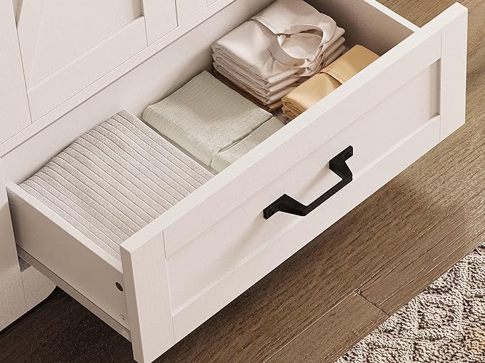 LIKIMIO Armoire Wardrobe Closet with Barn Doors and Drawers and Full Mirror and 5 Storage Shelves 70" Wooden Bedroom Wardrobe Combination for Hanging Clothes, White