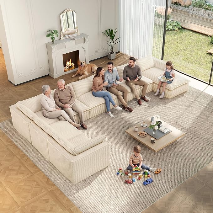 Vesgantti 141.7" U Shaped Sectional Boneless Couch, Modern 6 Seater Modular Sofa with Chaise & Ottoman, Deep Seat Plush Corduroy Cloud Couches for Living Room, No Assembly Required, Beige