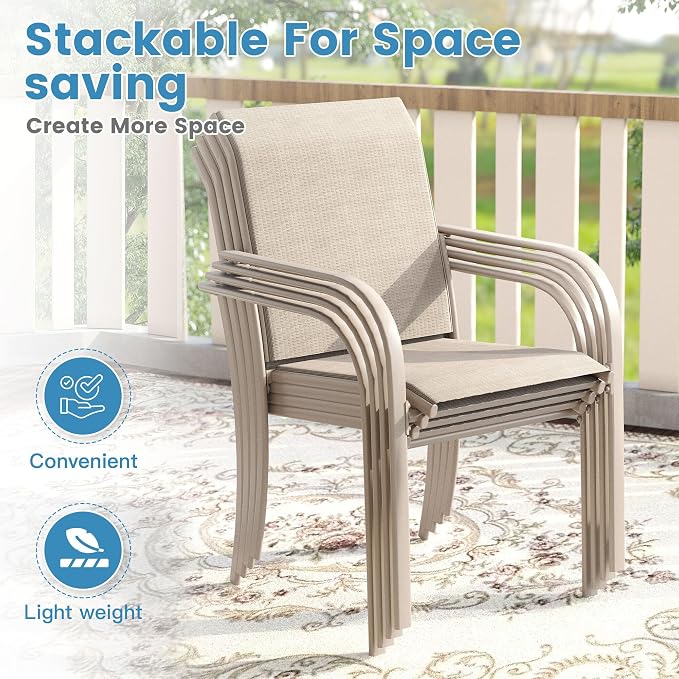 DIFY Patio Dining Set for 6, 7 Piece Outdoor Table and Chairs Set, 47.2" Grey Wood-Like Round Metal Patio Dining Table and 6 Sandshell Textilene Stackable Patio Chairs, for Backyard Garden Poolside - Image 5