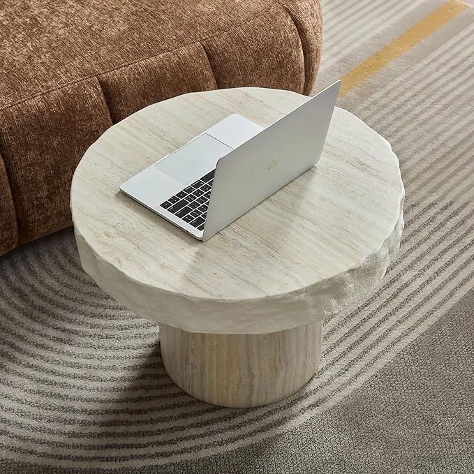 23.82" Round Side Table Small Coffee Table Faux Marble Pattern End Table Cement Stone Sofa Side Table for Living Room Apartment No Assembly