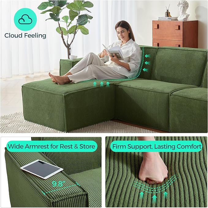 LINSY HOME Modular Sectional Sofa, 134" Boneless Couch L Shaped 4-Seat Sofa with Movable Ottoman, Corduroy Sectional Cloud Couches for Living Room, No Assembly Required, Green
