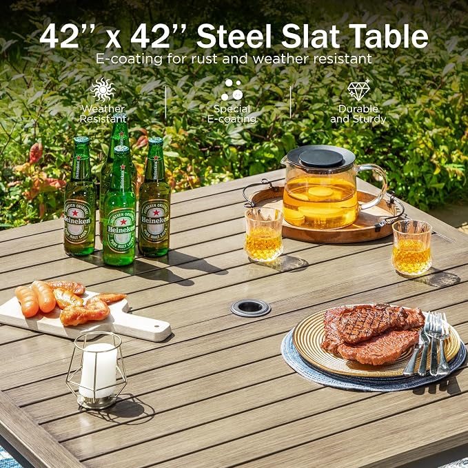 PHI VILLA 5 Pieces Outdoor Dining Set for 4, 42" Square Brown Metal Table with Umbrella Hole & Wrought Iron Swivel Chairs, Large Outside Furniture with Red Cushions & Pillows for Patio, Deck, Porch - Image 8