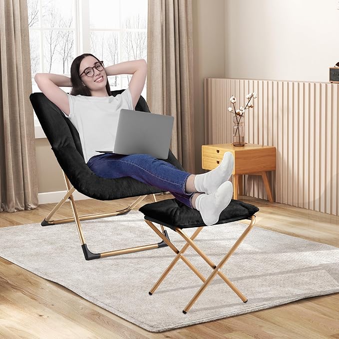 Youtanic Comfy Oversized Saucer Chair with Ottoman,Soft Faux Fur Reading Lounge Chair for Adults,Stable X-Large Metal Frame and Non-Slip Pad,Cozy Chair for Bedroom, Living Room, Dorm, Office, Black