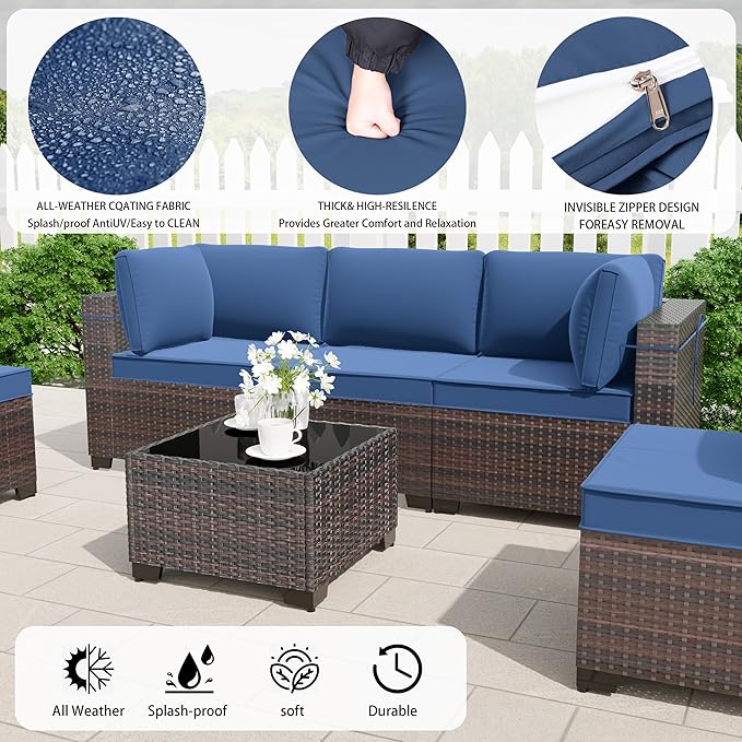 10 Pieces Outdoor Patio Furniture Set,Outdoor Sectional Furniture with 43" 55000 BTU Gas Propane Fire Pit Table,All Weather PE Rattan Wicker Patio Conversation Set,Navy Blue