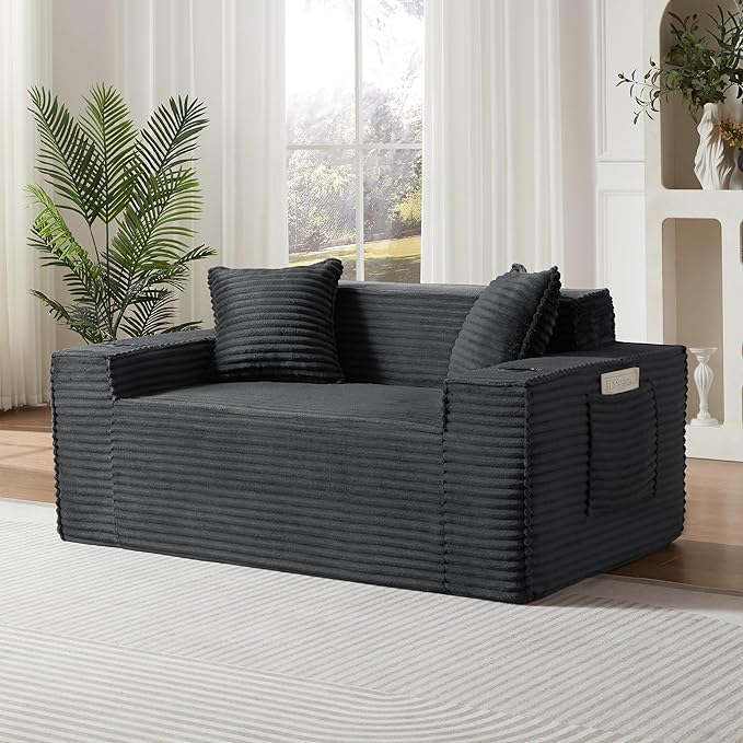 Cloud Loveseat Boneless Sofa Couch in a Box with Cupholders, Modern Corduroy Compressed Sofa for Living Room, 2 Seater High-Density Foam Couch with Pillows, No Assembly Required