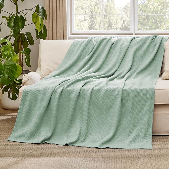 Bedsure GentleSoft 100% Cotton Blanket Full Size for Bed - Breathable and Lightweight, Soft Cozy Textured Herringbone Woven Blanket for Summer Spring, Sage Green, 80x90 inches