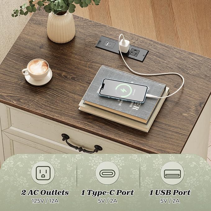 Huuger Nightstand with Charging Station, 3 Drawer Night Stand Set of 2, 22 Inch Wider Side Table with Storage, Farmhouse Nightstand with Vintage Handles, Thicken Base, for Bedroom, Distressed White - Image 4