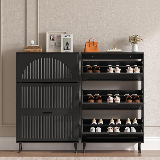 BORNOON Shoe Cabinet for Entryway with 3 Flip Drawers, Slim Wooden Shoe Storage Organizer with Modern Fluted Pannel，Freestanding Narrow Hidden Shoe Rack for Hallway, Foyer, Living Room - Image 4