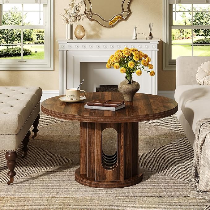 31.5" Round Coffee Table, Small Wooden Circle Center Table Hole Panel Splice Design Coffee Tables for Living Room, Thickened Edge MDF Board, Walnut
